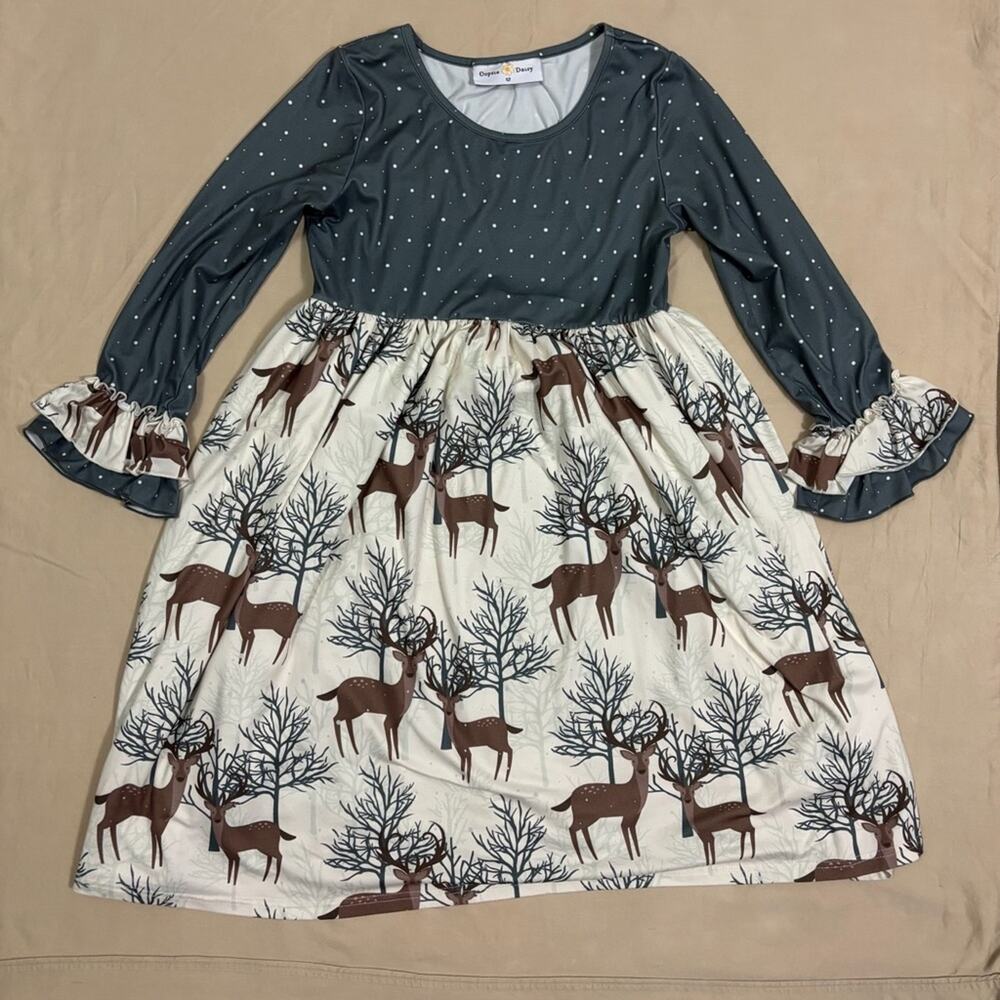 Oopsie Daisy Green Polka Dot and Deer Print Dress with Ruffle Sleeves Size 12